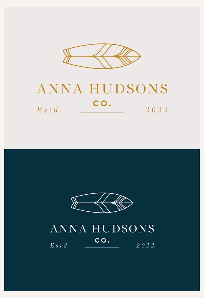 modèle de logo d'été avec des planches de surf dans un style linéaire tendance aux couleurs dorées - concepts de luxe et de bijoux pour les médias sociaux, la location d'hébergement et les services de voyage. vecteur