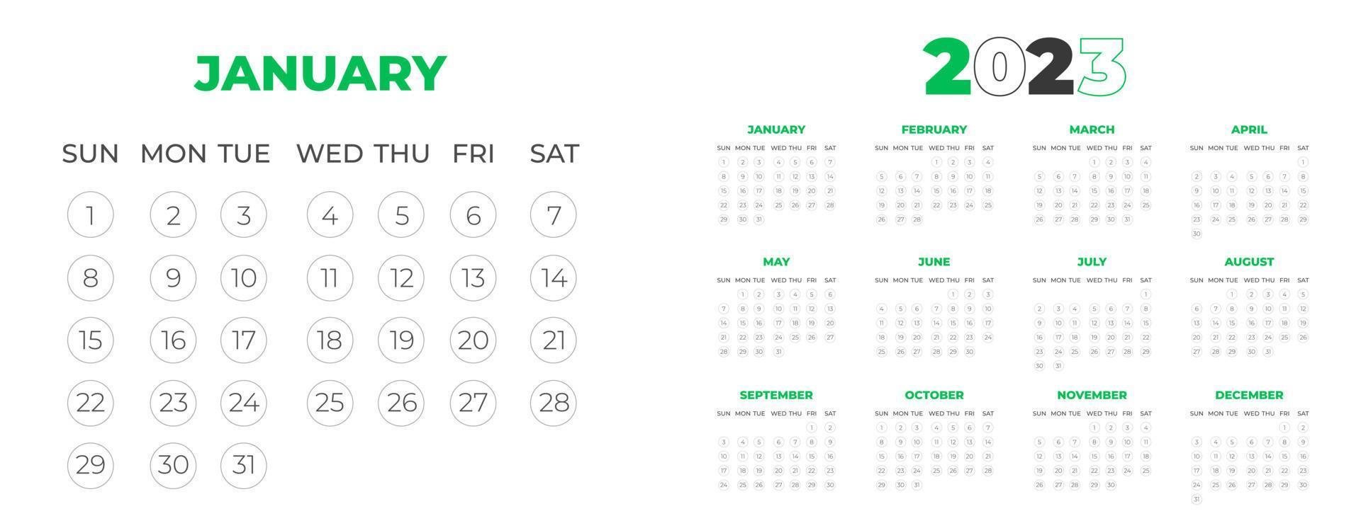 Modèle de conception de calendrier mural 2023 avec couleur verte vecteur