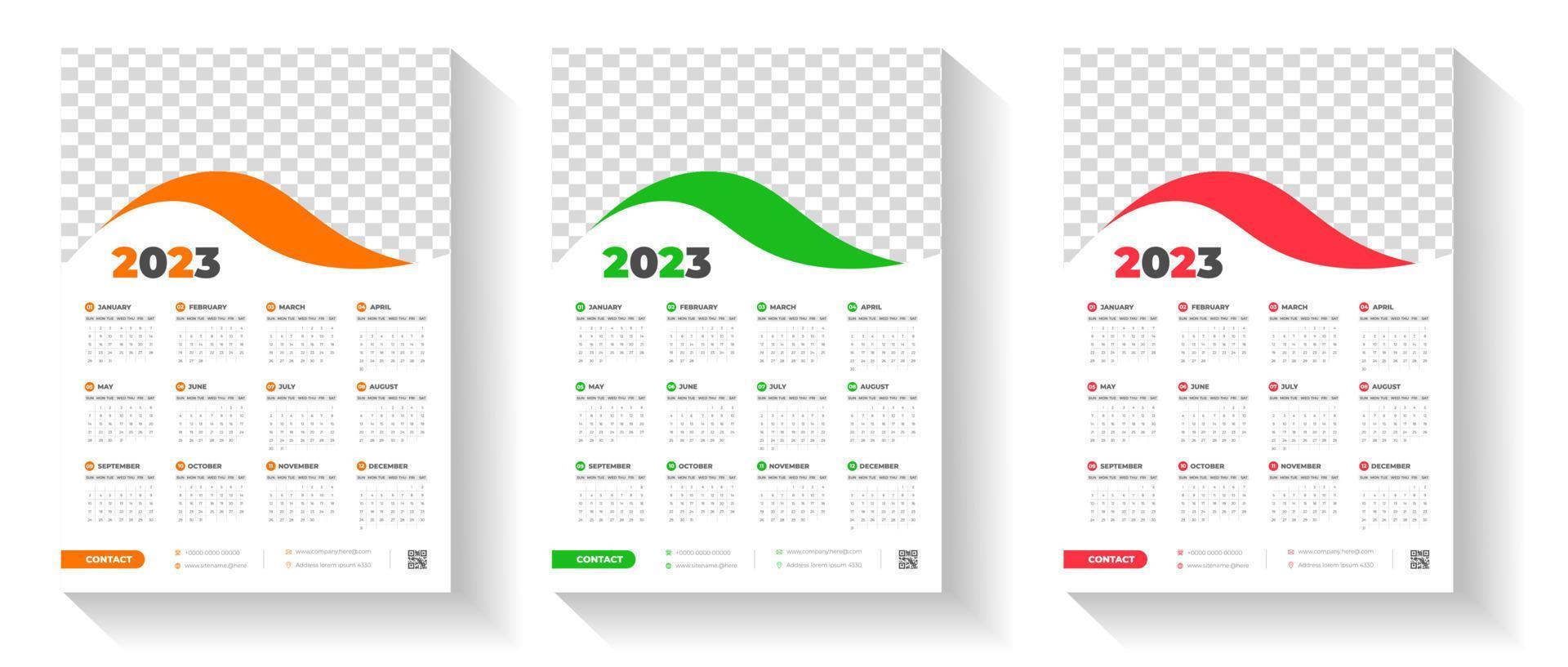 Modèle de conception de calendrier mural 2023 avec couleur rouge, verte et orange vecteur