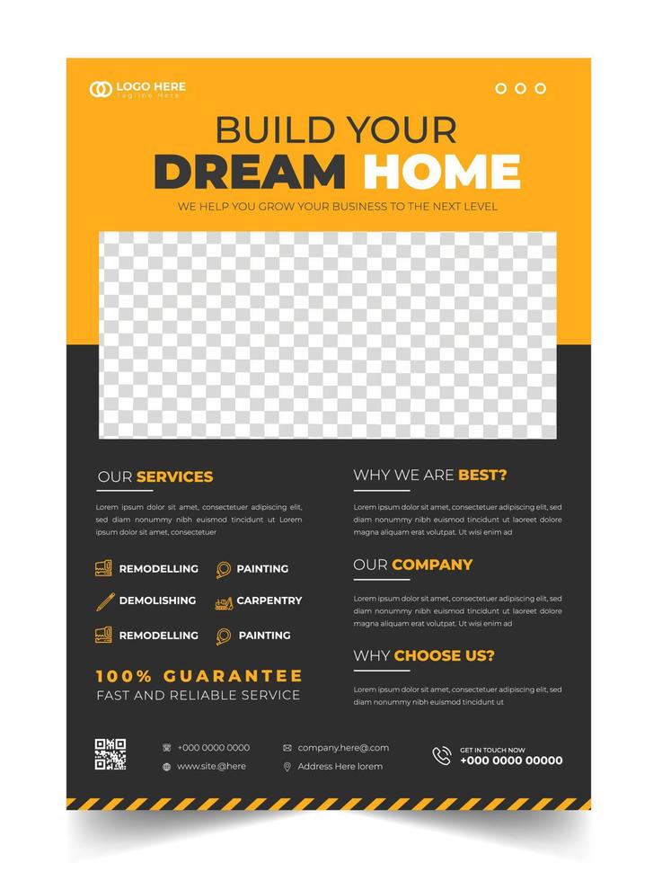 modèle de flyer d'entreprise de construction avec couleur jaune, conception de flyer d'outils de construction d'entreprise, modèle de flyer d'amélioration de l'habitat, flyer de réparation à domicile. vecteur