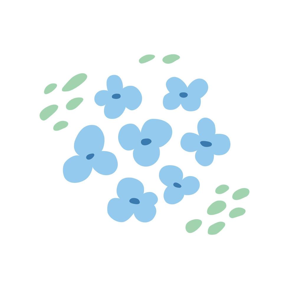 fleurs bleues mignonnes dessinées à la main avec un style plat de taches vertes, illustration vectorielle isolée sur fond blanc. élément de design décoratif, ornement de la nature vecteur