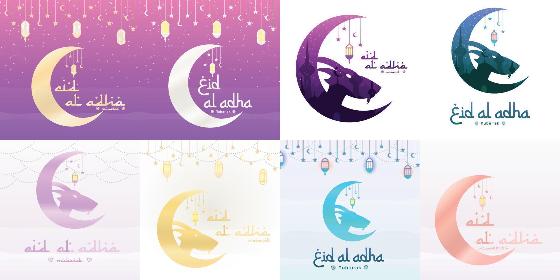 eid al-adha avec tête de chèvre, mosquée, étoiles de lune et lanternes. adapté aux bannières, affiches, brochures, ensemble de modèles de brochures de vente vecteur