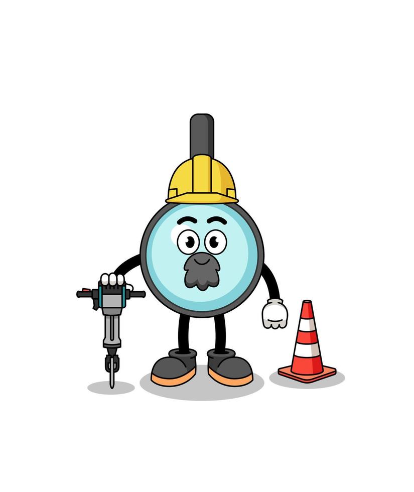 caricature de personnage de loupe travaillant sur la construction de routes vecteur