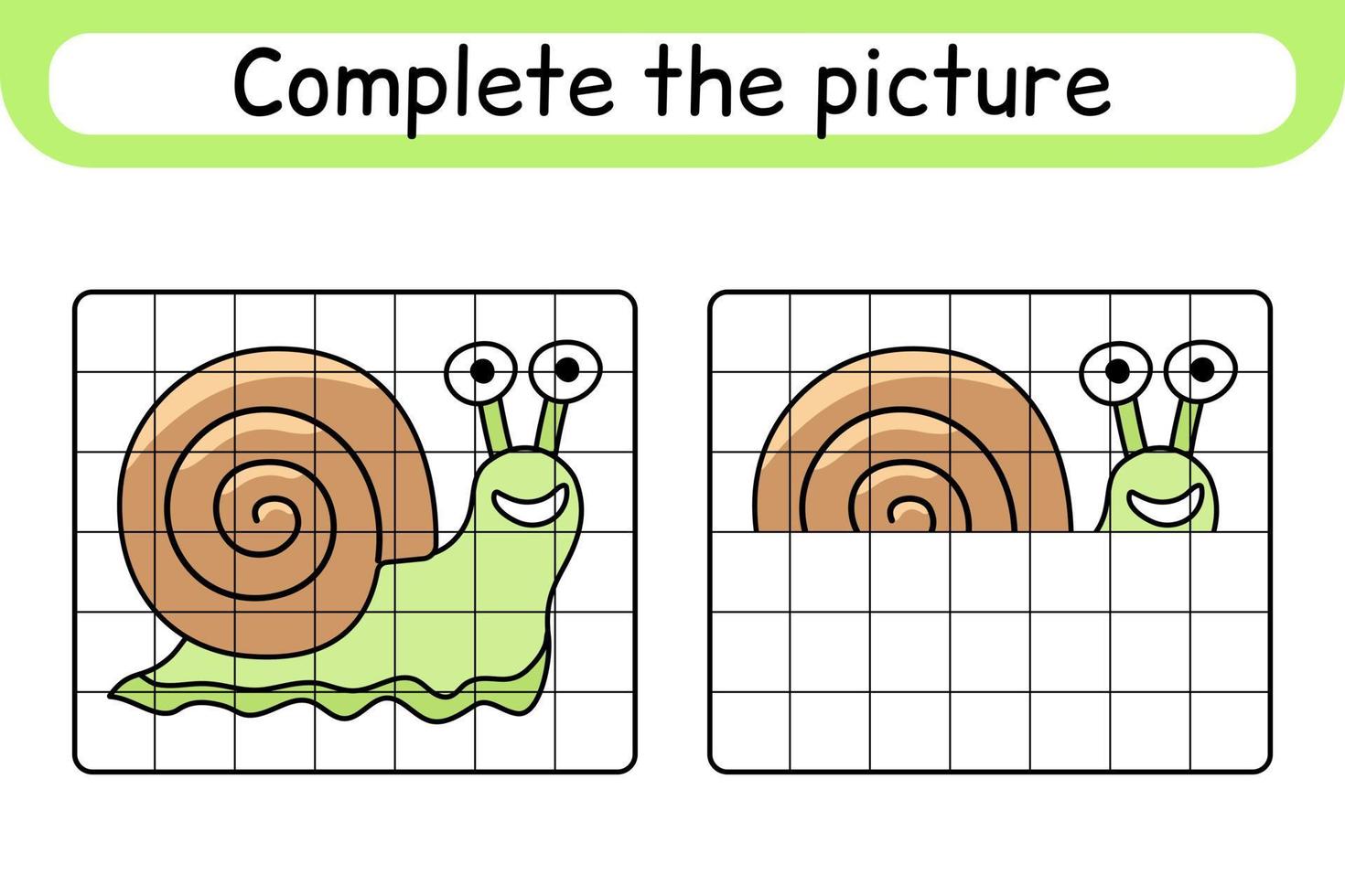 compléter l'escargot de l'image. copier l'image et la couleur. terminer l'image. livre de coloriage. jeu d'exercices de dessin éducatif pour les enfants vecteur