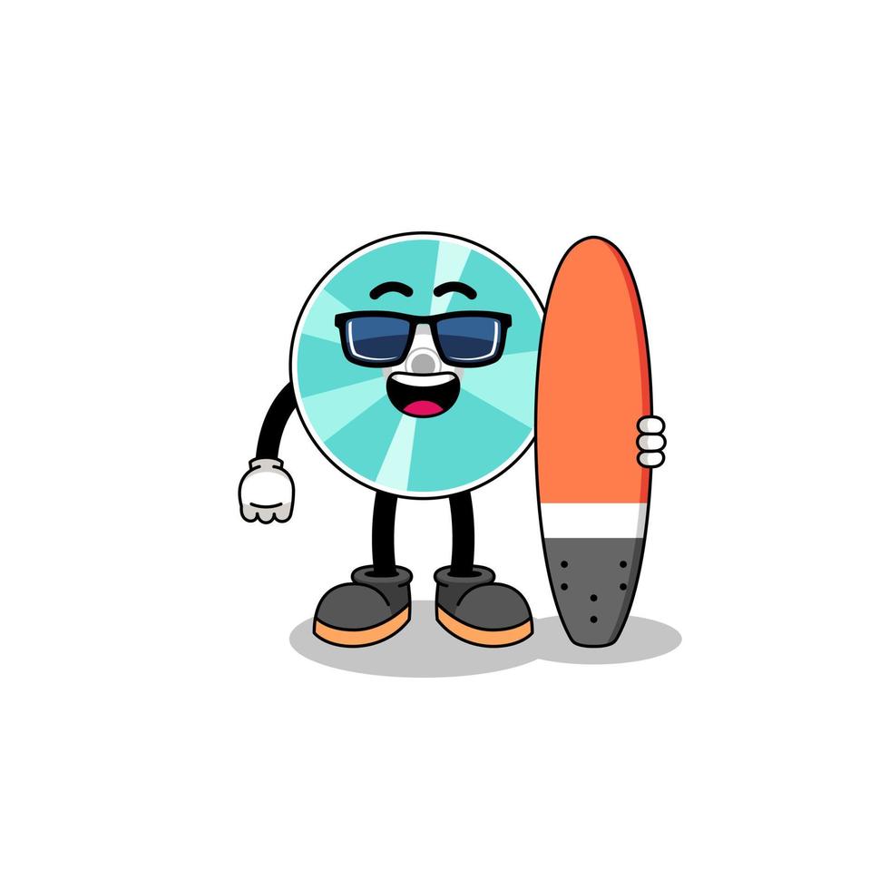 caricature de mascotte de disque optique en tant que surfeur vecteur