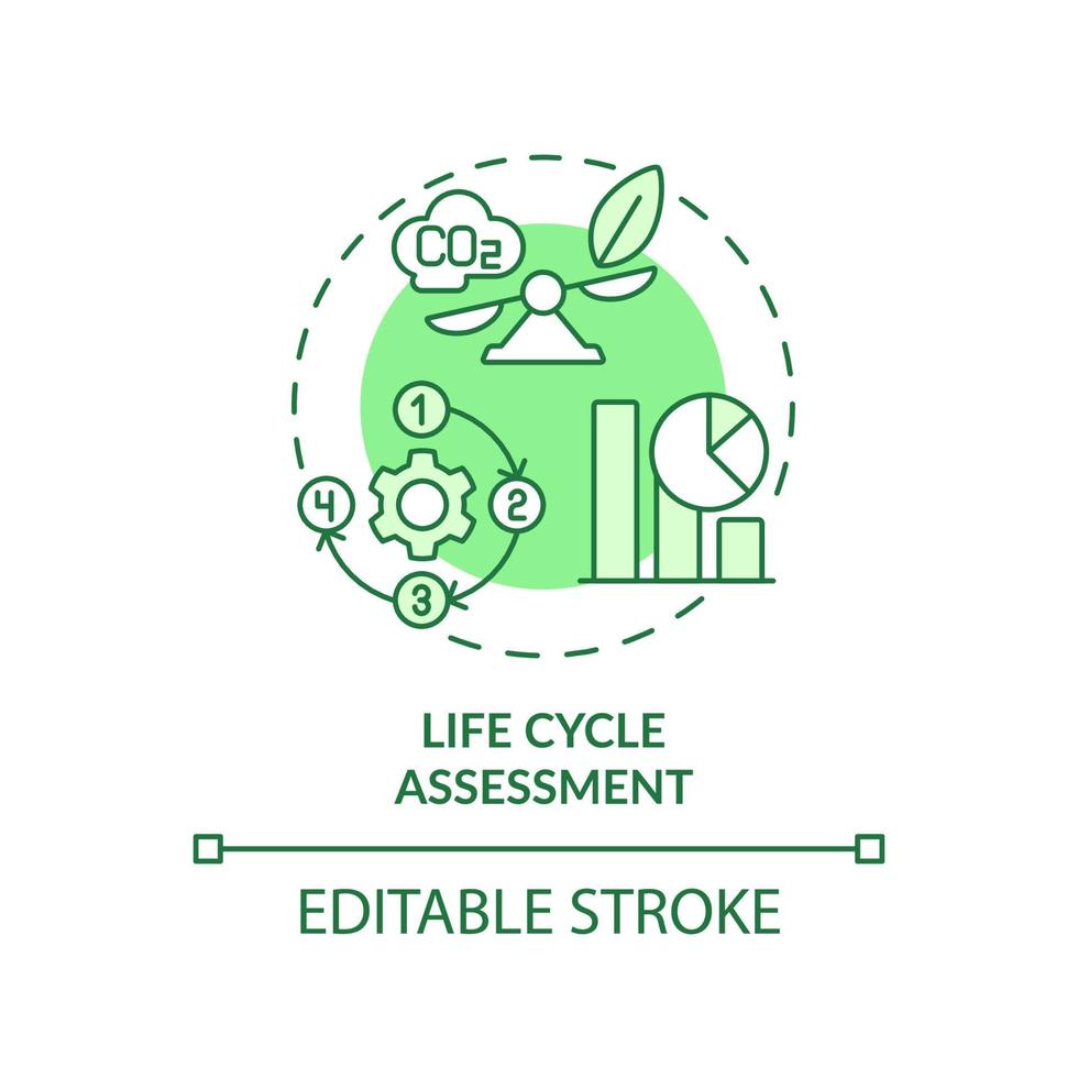 icône de concept vert d'évaluation du cycle de vie. étude d'impact. méthode d'écologie industrielle idée abstraite illustration de ligne mince. dessin de contour isolé. trait modifiable. vecteur