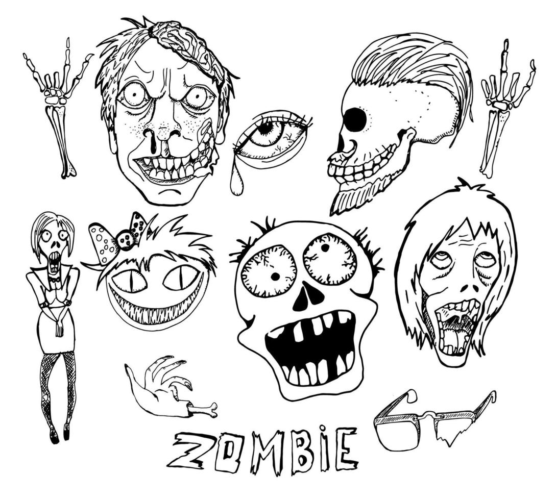 illustration vectorielle mignonne. ensemble de zombies. style de dessin animé dessiné à la main. esquisser. noir et blanc vecteur