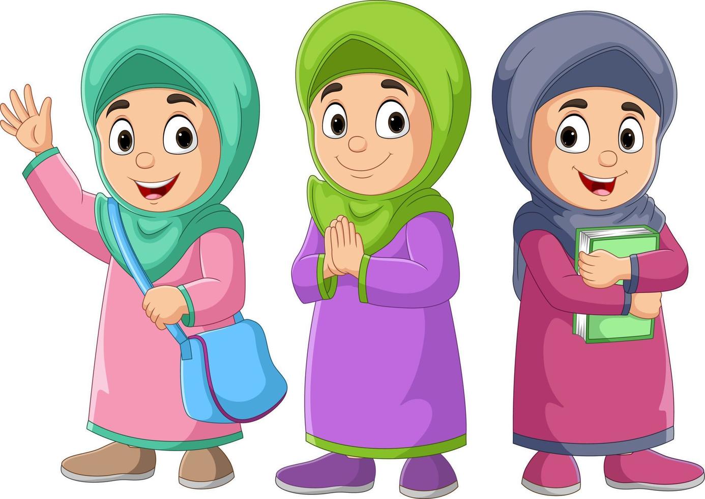 dessin animé mignon de trois filles musulmanes avec des poses différentes vecteur