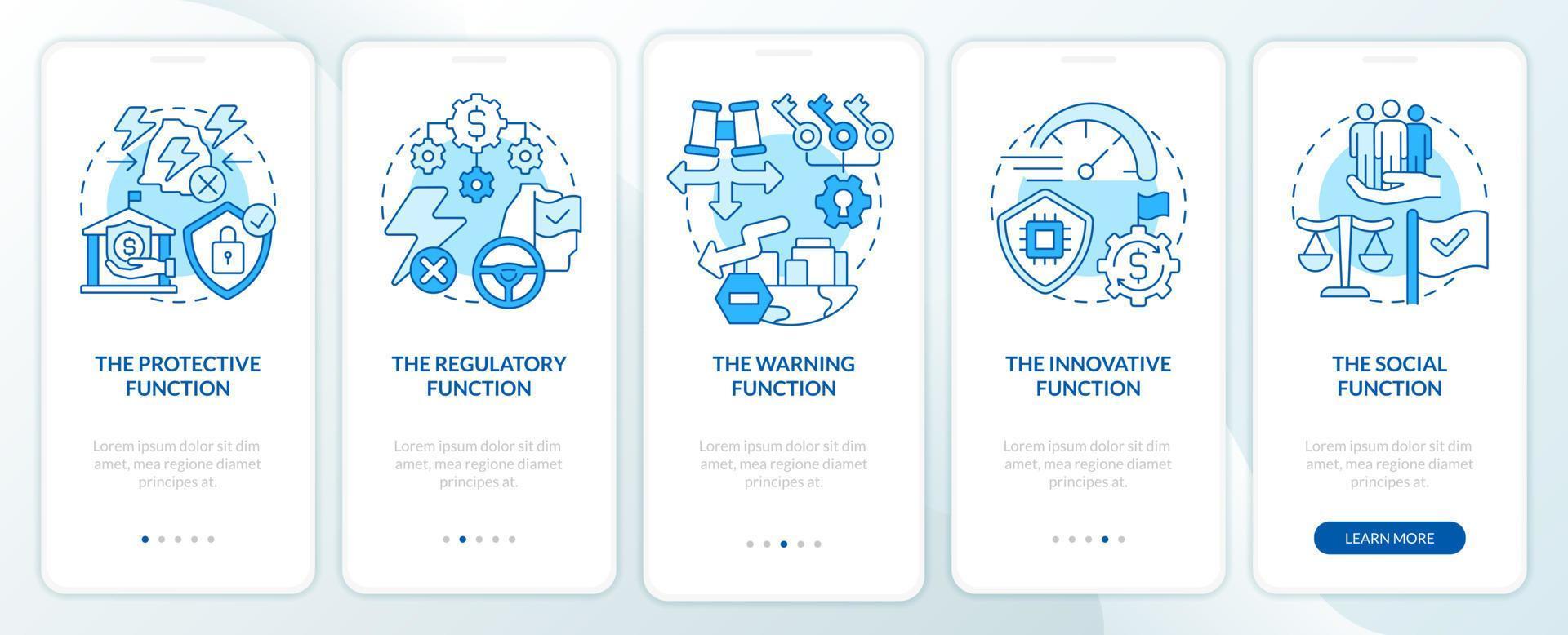 fonctions de sécurité économique écran d'application mobile d'intégration bleu. procédure pas à pas de protection pages d'instructions graphiques en 5 étapes avec des concepts linéaires. ui, ux, modèle d'interface graphique. vecteur