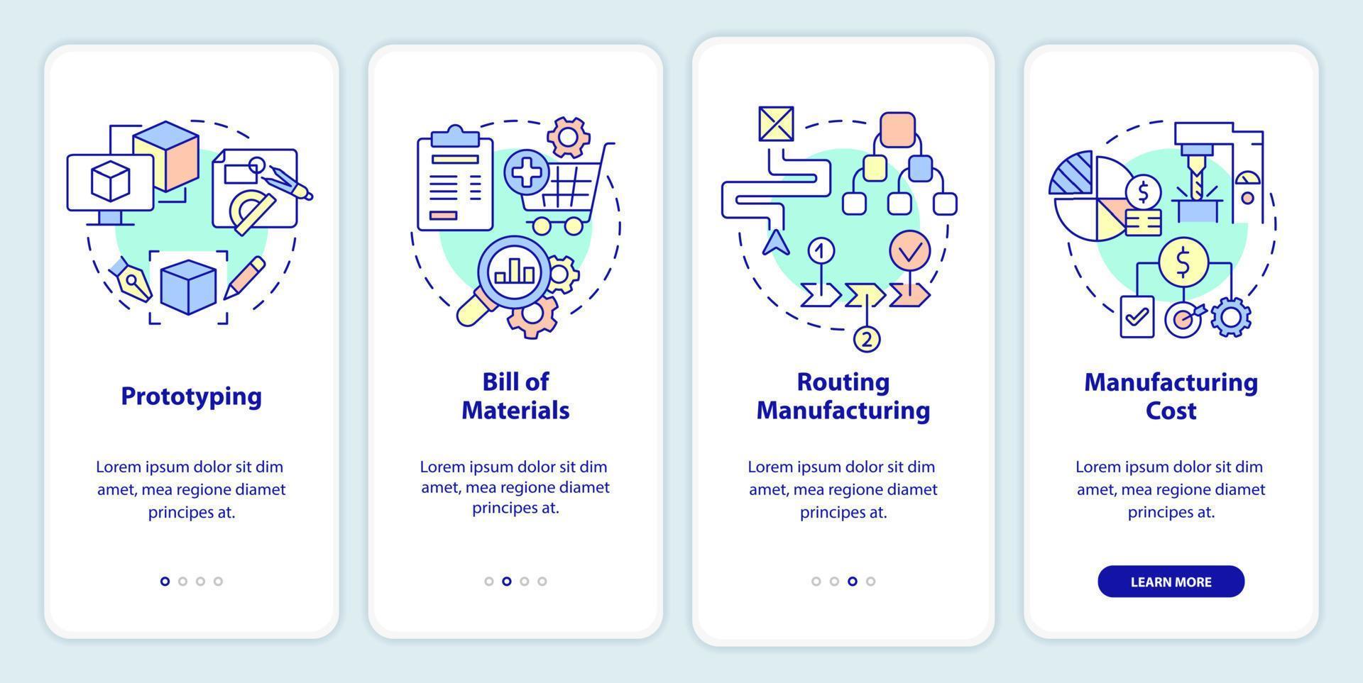 écran d'application mobile d'intégration des étapes de fabrication. Procédure pas à pas de processus de production Pages d'instructions graphiques en 4 étapes avec des concepts linéaires. ui, ux, modèle d'interface graphique. vecteur