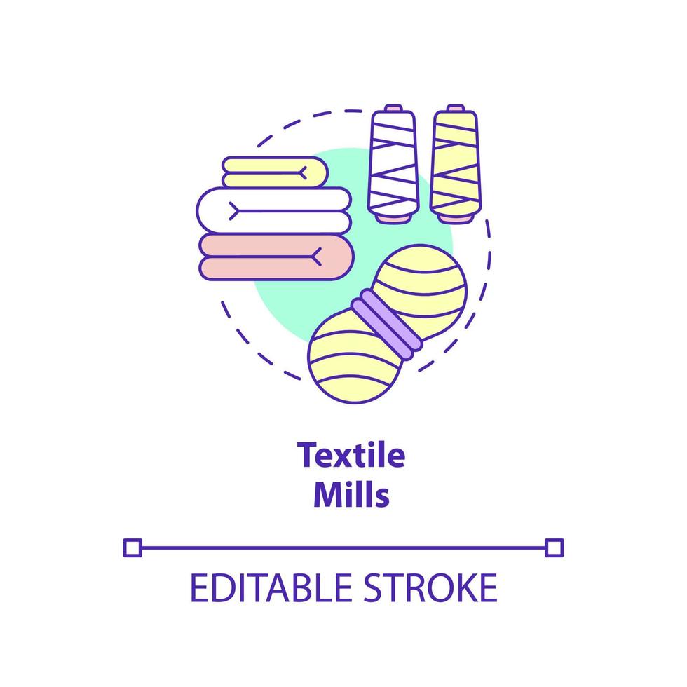 icône de concept d'usines textiles. distribution de fils et de tissus. illustration de fine ligne d'idée abstraite de sous-secteur d'affaires. dessin de contour isolé. trait modifiable. vecteur