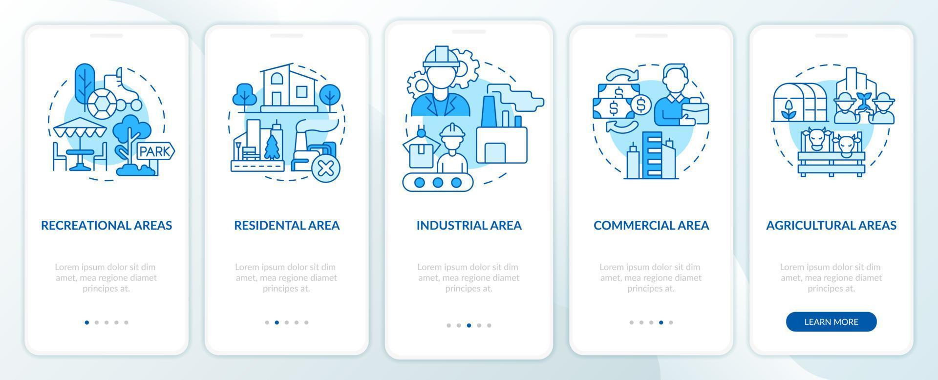 différentes utilisations de l'écran de l'application mobile d'intégration bleue des catégories de terres. pas à pas en 5 étapes pages d'instructions graphiques avec des concepts linéaires. ui, ux, modèle gui vecteur