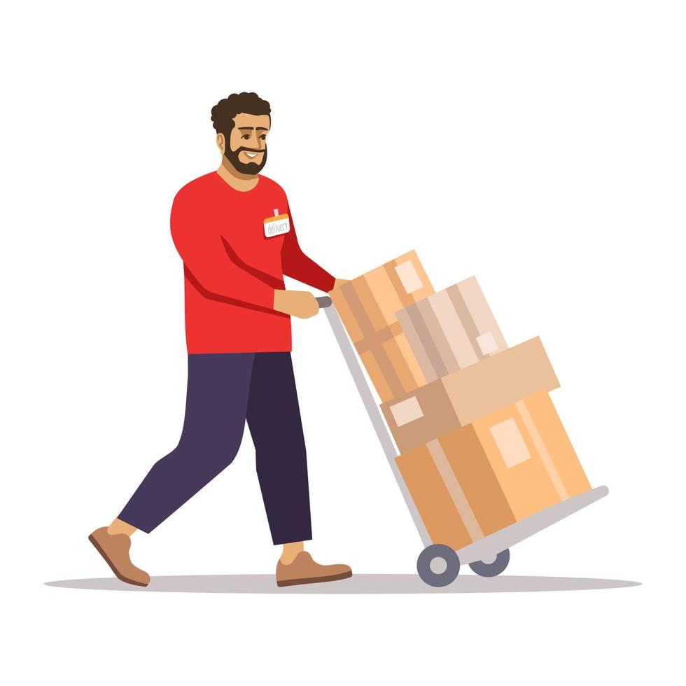 livreur au travail illustration vectorielle plane. ouvrier d'entrepôt tirant le personnage de dessin animé isolé de la brouette sur fond blanc. Courrier postal transportant des cartons, des colis sur chariot vecteur