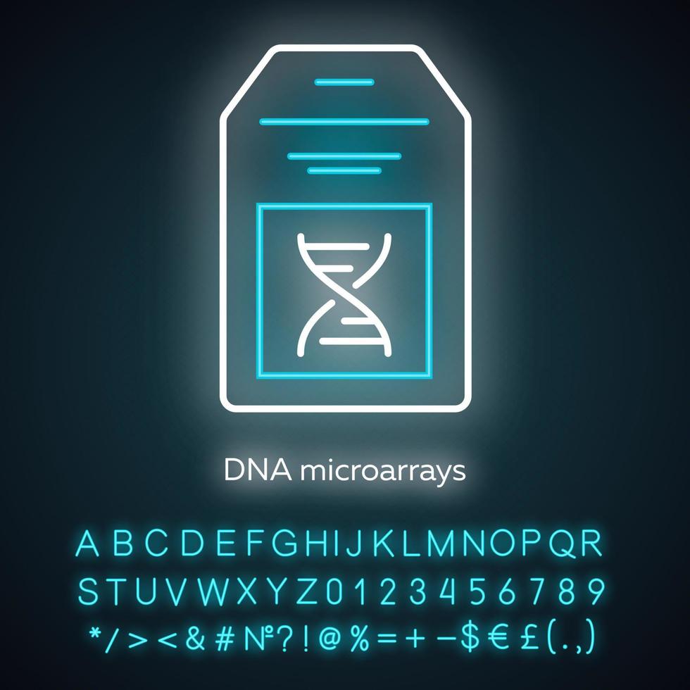 icône de néon de microréseau d'adn. puce adn. collection de taches chromosomiques microscopiques. biopuce. recherche génétique. bioingénierie. signe lumineux avec alphabet, chiffres et symboles. illustration vectorielle isolée vecteur