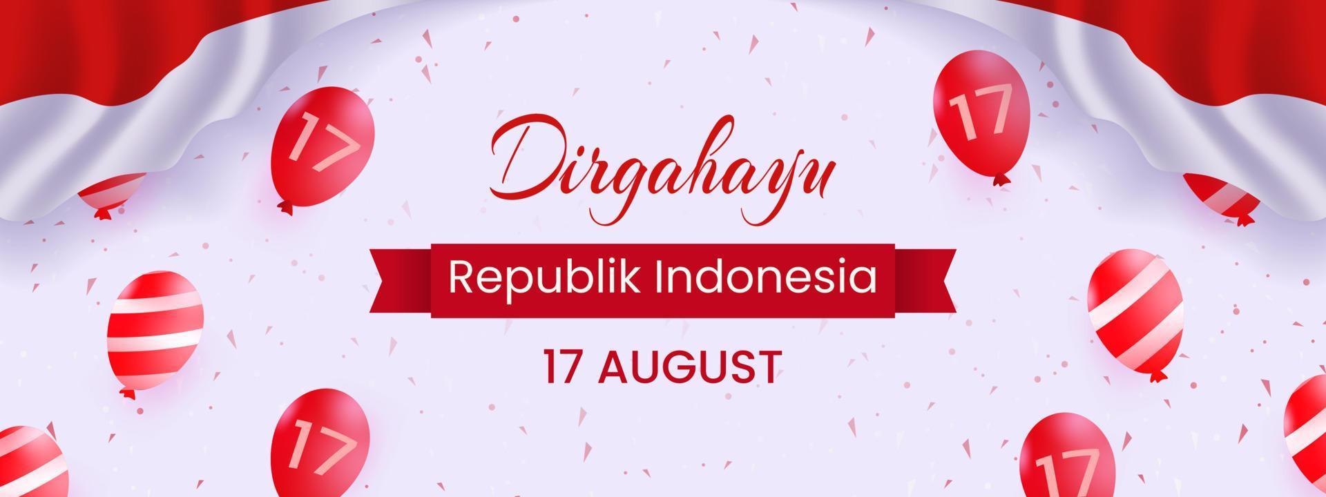 bannière de la fête de l'indépendance de l'indonésie décorée de drapeaux ondulés et de ballons vecteur