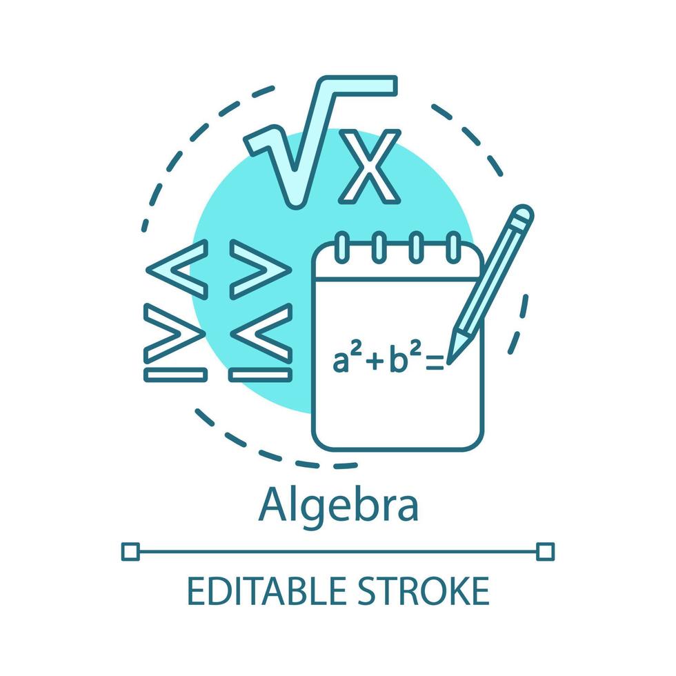 icône de concept d'algèbre. calculs avancés, apprentissage de l'illustration de la ligne mince de l'idée d'algèbre avancée. équations algébriques, plus et moins de signe. dessin de contour isolé de vecteur. trait modifiable vecteur