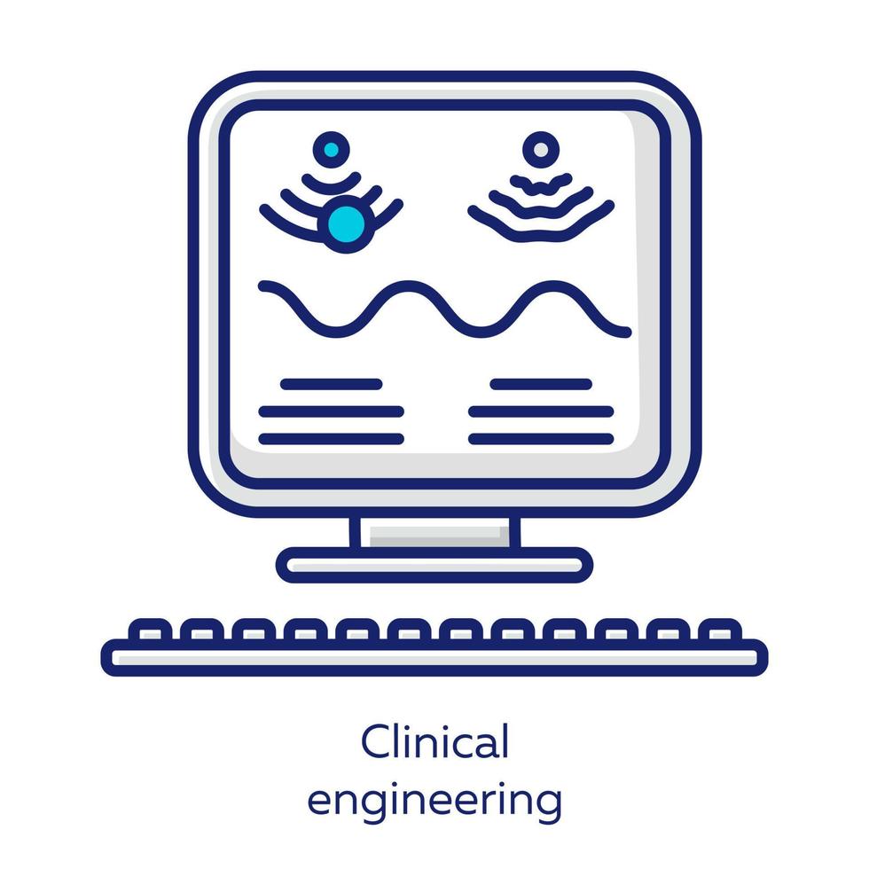 icône de couleur blanche de génie clinique. gestion des technologies de la santé. utilisation d'équipements d'échographie biomédicale. examen informatique médical moderne. bioingénierie. illustration vectorielle isolée vecteur