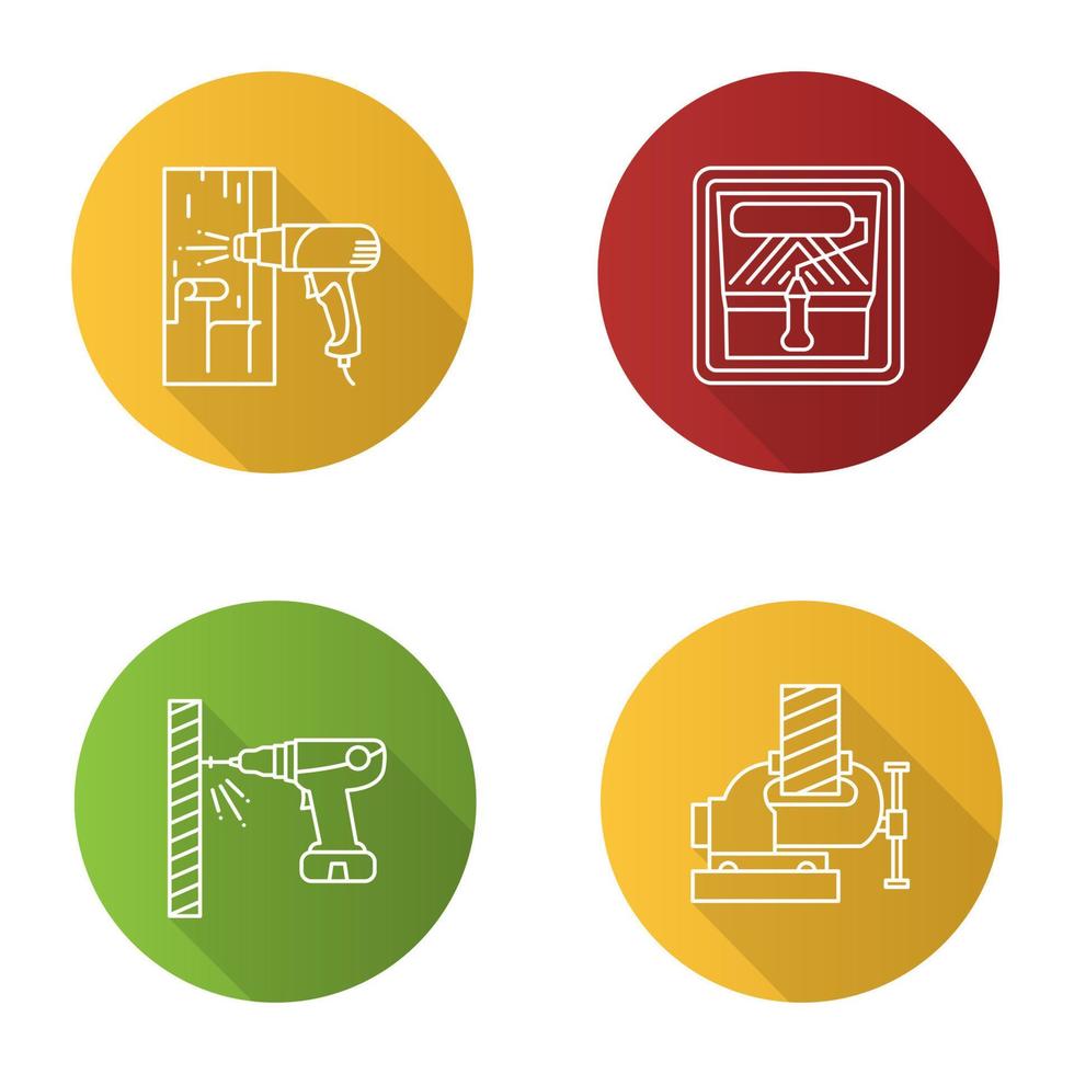 outils de construction ensemble d'icônes plat linéaire grandissime. pistolet à air chaud, rouleau à peindre dans le bac, tournevis électrique, étau. illustration de contour de vecteur