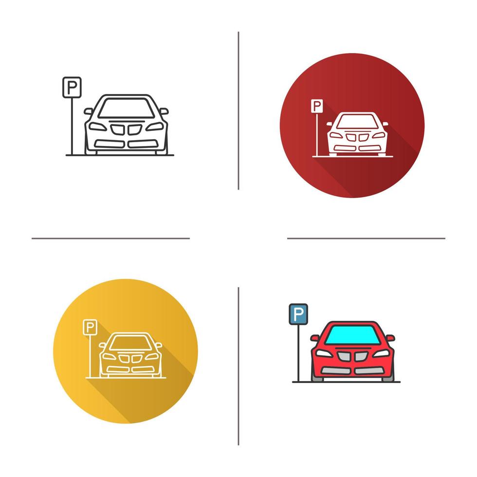icône de zone de stationnement. voiture avec panneau de signalisation p. design plat, styles linéaires et de couleur. illustrations vectorielles isolées vecteur