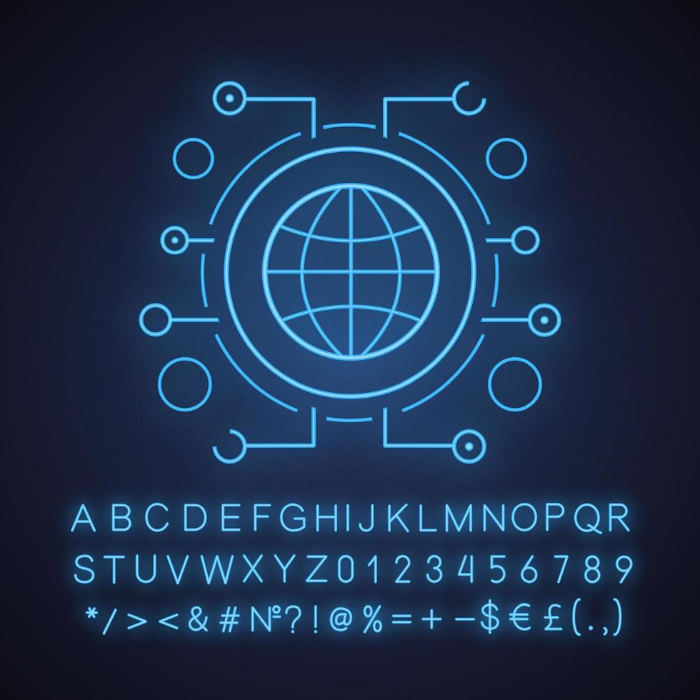 icône de néon de réseau mondial. globe dans les voies des micropuces. signe lumineux avec alphabet, chiffres et symboles. illustration vectorielle isolée vecteur