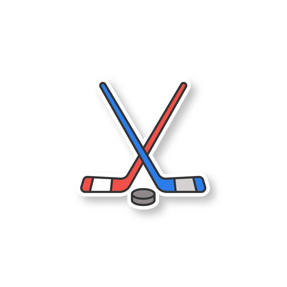 bâtons de hockey croisés avec écusson de rondelle. équipement de hockey sur glace. autocollant de couleur. illustration vectorielle isolée vecteur