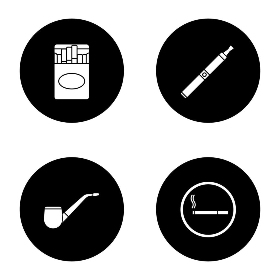 jeu d'icônes de glyphe de fumer. paquet de cigarettes, e-cigarette, pipe à tabac, espace fumeur. illustrations de silhouettes blanches vectorielles dans les cercles noirs vecteur