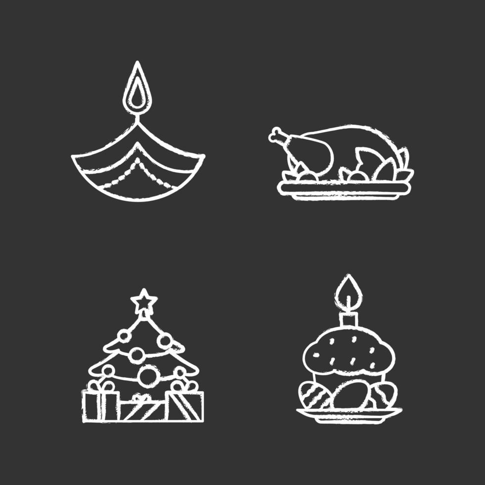 jeu d'icônes de craie de vacances. diwali, action de grâces, nouvel an, pâques. illustrations de tableau de vecteur isolé