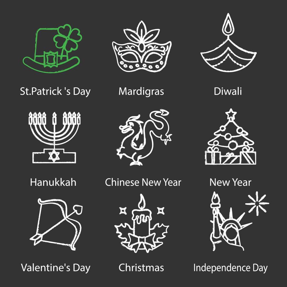 jeu d'icônes de craie de vacances. St. patrick's day, mardi gras, diwali, hanukkah, nouvel an chinois, saint valentin, 4 juillet, noël. illustrations de tableau de vecteur isolé