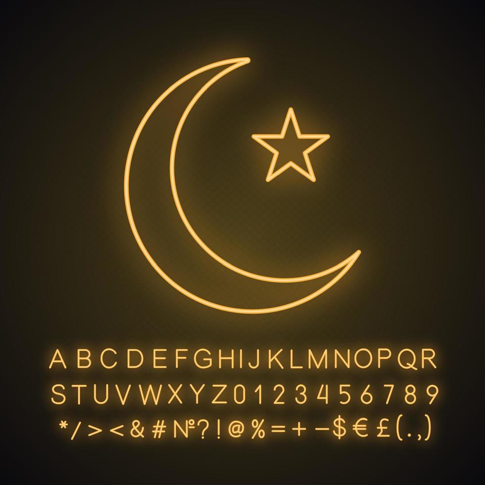 icône de néon étoile et croissant de lune. drapeau ottoman. lune de ramadan. signe lumineux avec alphabet, chiffres et symboles. illustration vectorielle isolée vecteur