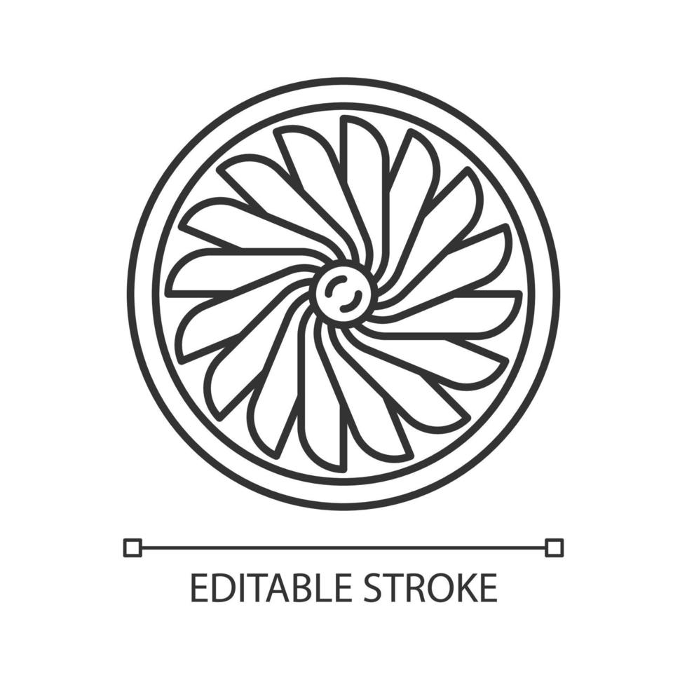 icône linéaire de turbine d'avion. équipement de l'avion. hélice à réaction. moteur d'avion. service aéronautique. moteur en marche. illustration de la ligne mince. symbole de contour. dessin de contour isolé de vecteur. trait modifiable vecteur