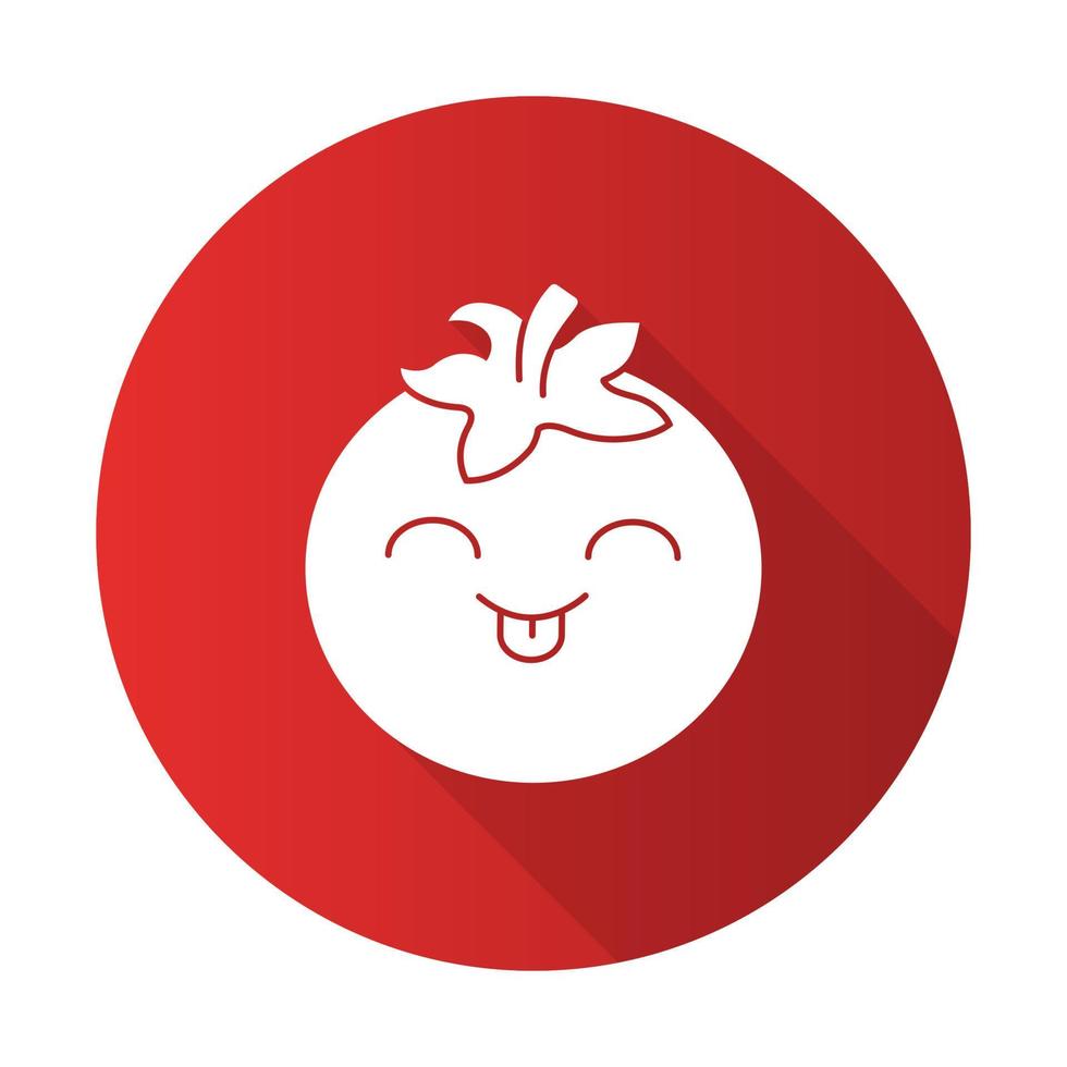 personnage de glyphe d'ombre longue à motif plat kawaii mignon de tomate. légume heureux avec un visage souriant et une langue tirée. nourriture qui rit. emoji drôle, émoticône, sourire. illustration de silhouette isolée de vecteur