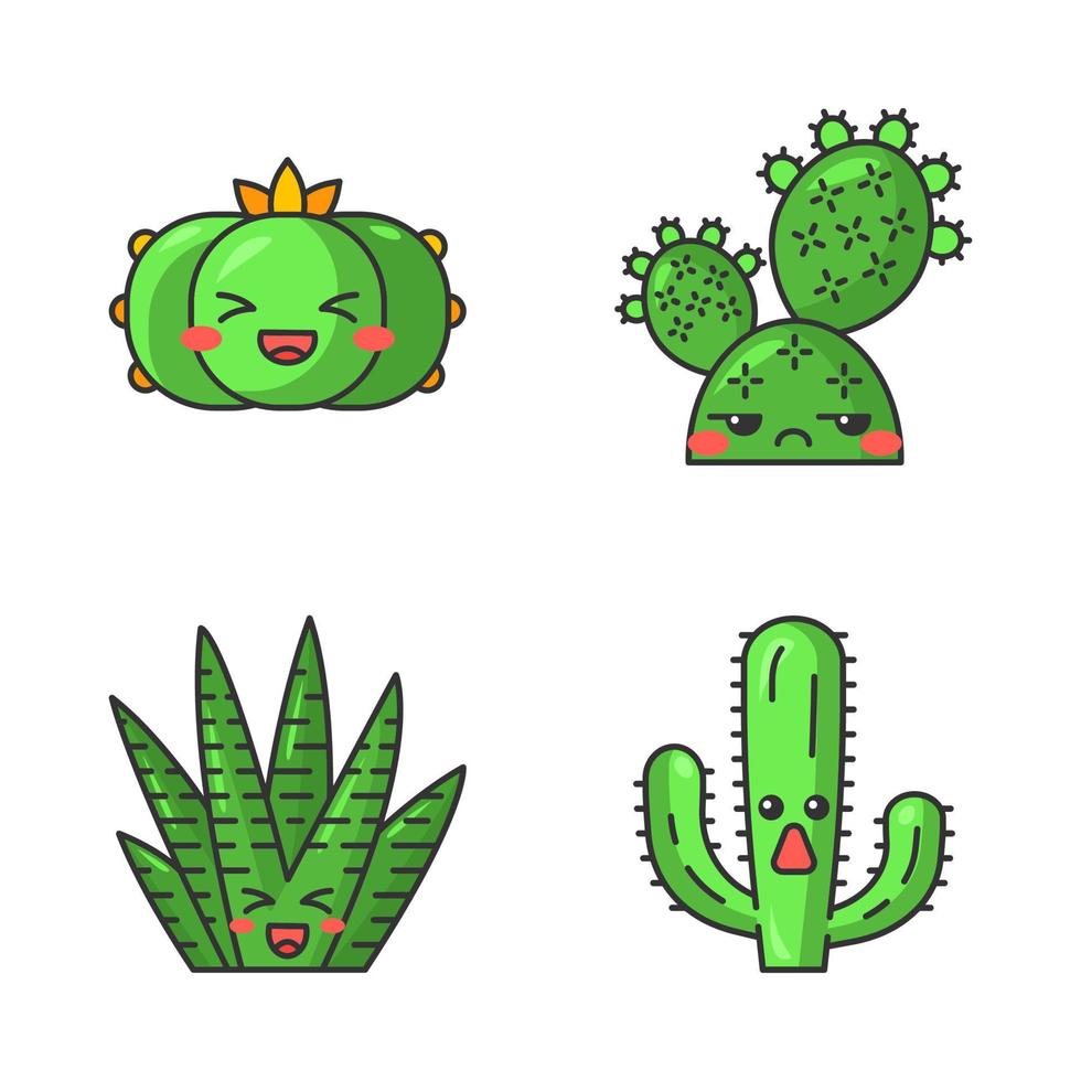 cactus personnages vectoriels kawaii mignons. plantes aux visages souriants. peyotl riant et cactus zèbres. cactus sauvages de figue de barbarie non amusés. emoji drôle, ensemble d'émoticônes. illustration de couleur de dessin animé isolé vecteur