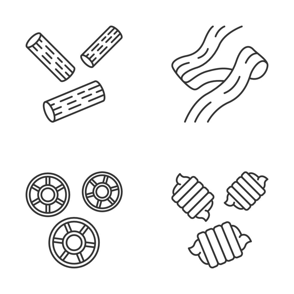 ensemble d'icônes linéaires de types de nouilles de pâtes. macaronis méditerranéens. rigatoni, pappardelle, rotelle, riccioli. nourriture italienne. symboles de contour de ligne mince. illustrations vectorielles isolées. trait modifiable vecteur