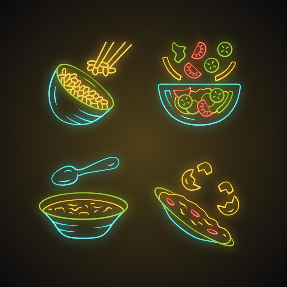 ensemble d'icônes de néon d'aliments biologiques. riz, légumes, œufs. salade, soupe, omelette. alimentation saine. dîner, menu du restaurant du souper. premier, deuxième cours. signes lumineux. illustrations vectorielles isolées vecteur