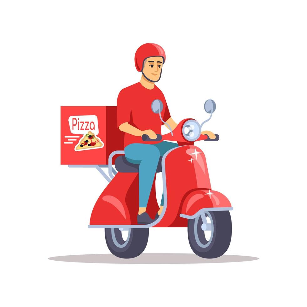 illustration vectorielle plane de livraison de pizza. courrier masculin sur scooter livrant un repas, personnage de dessin animé isolé de collation fraîche sur fond blanc. petit boulot, idée d'occupation à temps partiel pour les étudiants vecteur