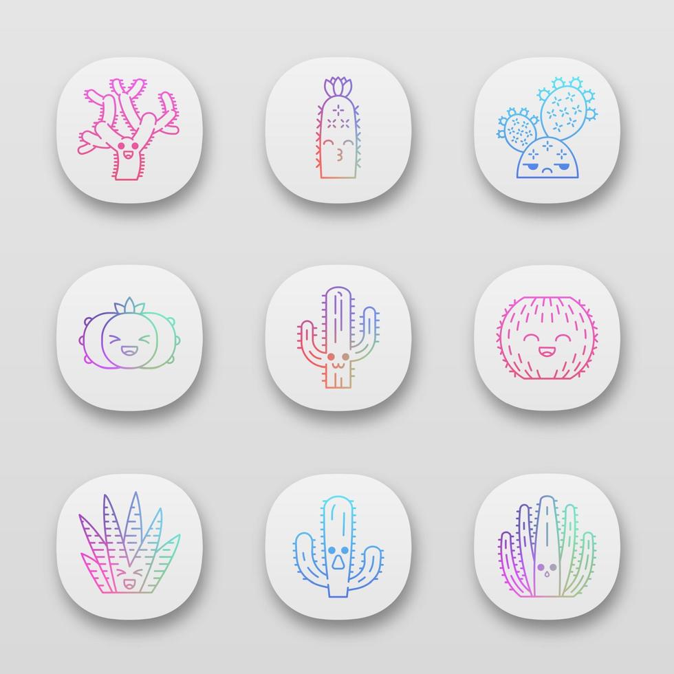 ensemble d'icônes d'application de cactus. plantes aux visages souriants. baril qui rit et cactus peyotl. embrasser les cactus sauvages hérisson. interface utilisateur ui ux. applications web ou mobiles. illustrations vectorielles isolées vecteur