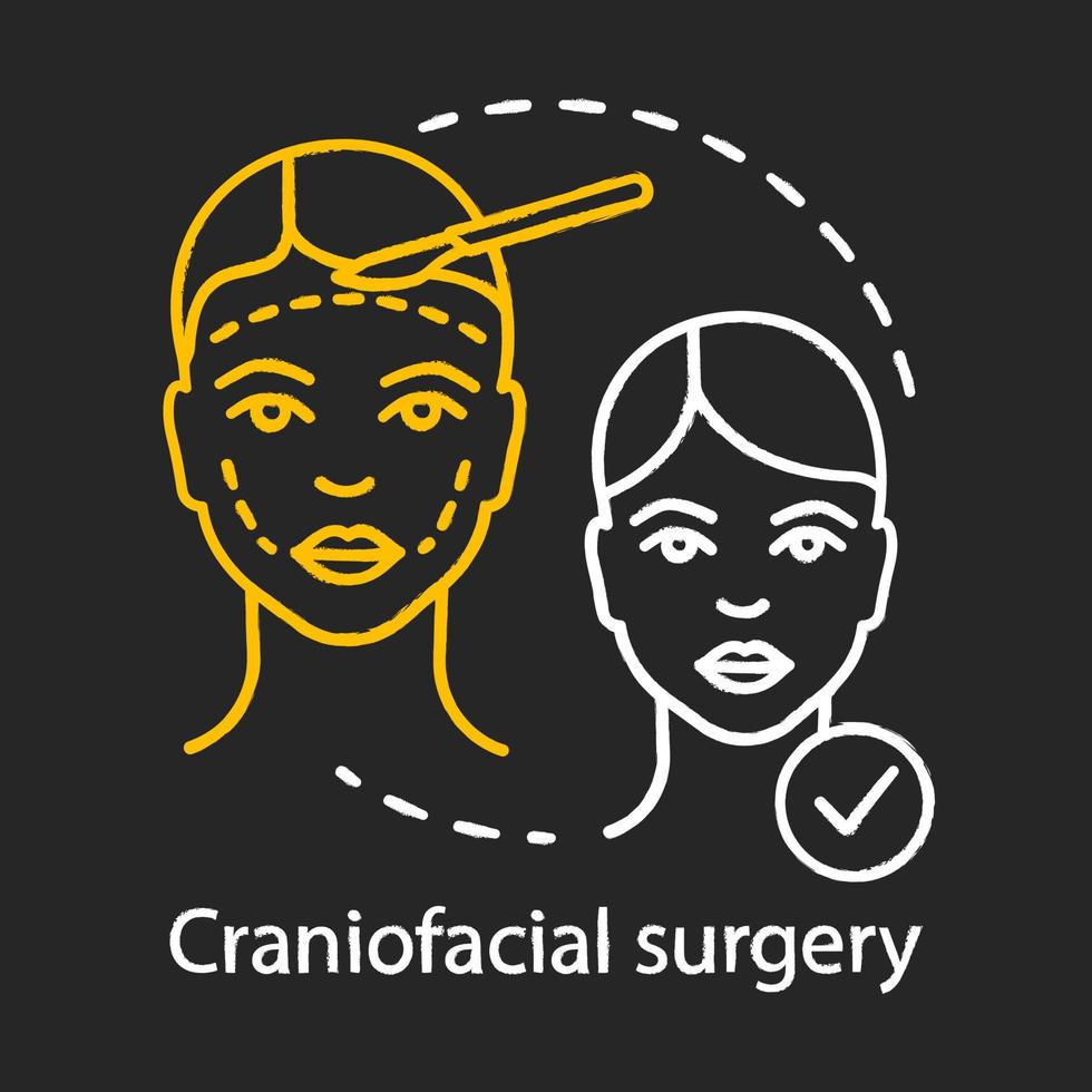 icône de craie de chirurgie craniofaciale. déformations de la tête, du visage, du cou. chirurgie plastique et reconstructive. service de centre d'opérations en plastique. illustration de tableau vectoriel isolé