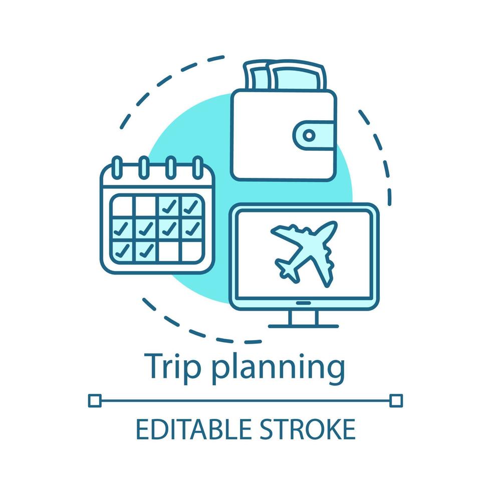 icône de concept de planification de voyage. illustration de fine ligne d'idée de voyage. réservation de billets en ligne. réductions, offres spéciales. date de départ du vol. agence de voyage. dessin isolé de vecteur. trait modifiable vecteur