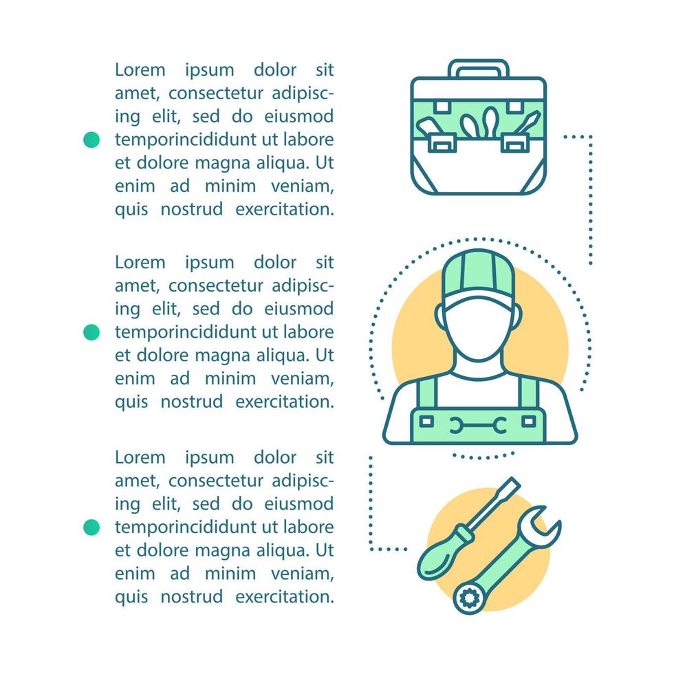 modèle de vecteur de page d'article de services de bricoleur. brochure d'aide polyvalente, magazine, élément de conception de livret avec icônes linéaires et zones de texte. design d'impression. illustrations de concept avec espace de texte