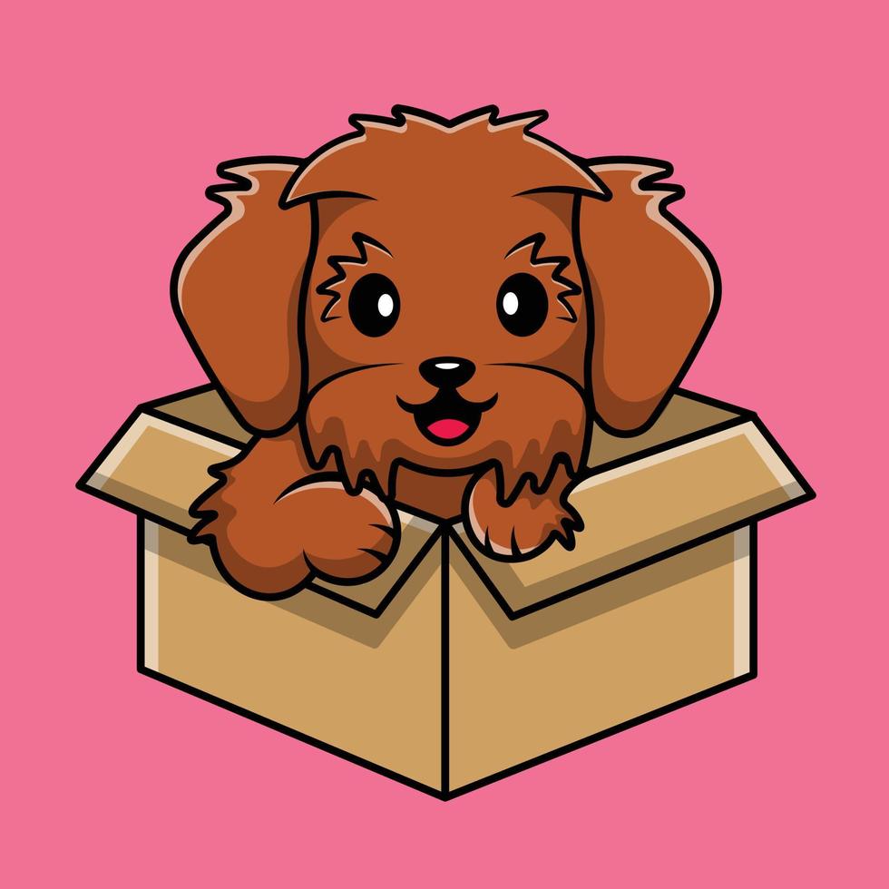 chien maltipoo mignon jouant dans l'illustration d'icône de vecteur de dessin animé de boîte. concept de dessin animé plat animal