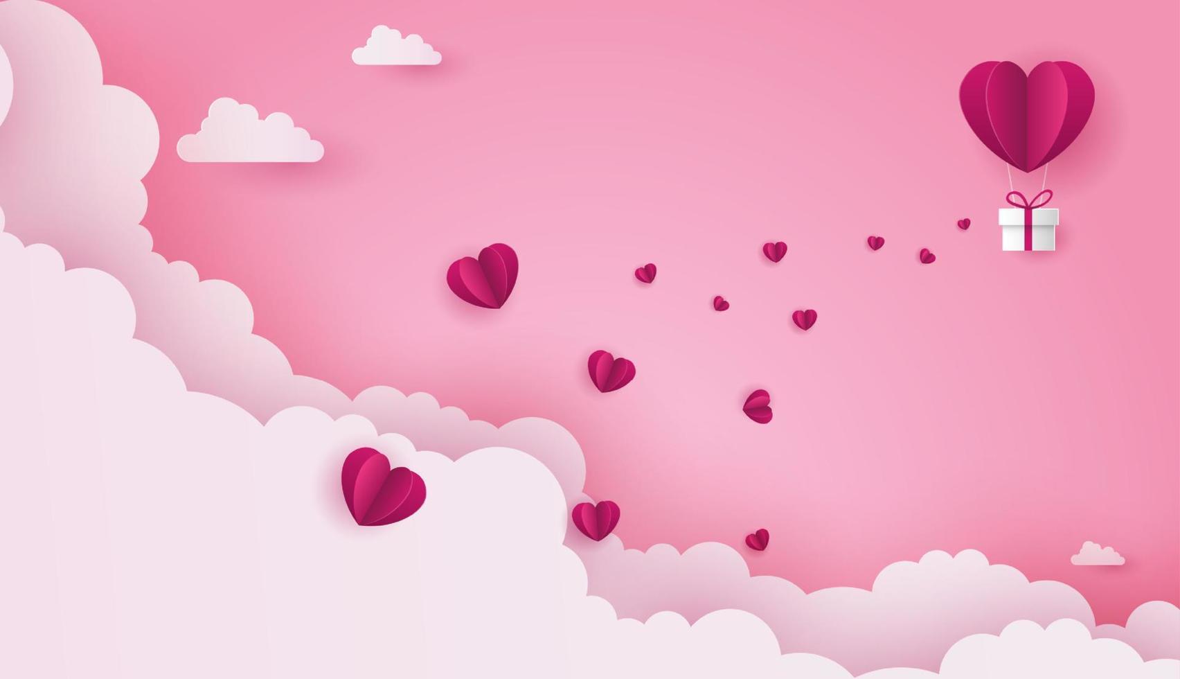 papier d'art de l'amour et de la saint-valentin avec ballon coeur en papier et boîte-cadeau flottent sur le ciel bleu. peut être utilisé pour le papier peint, l'invitation, les affiches, les bannières. conception de vecteur