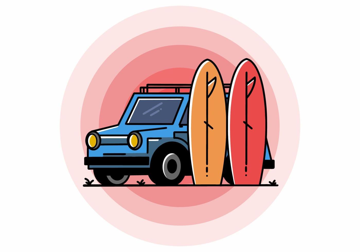 petite voiture et illustration de deux planches de surf vecteur