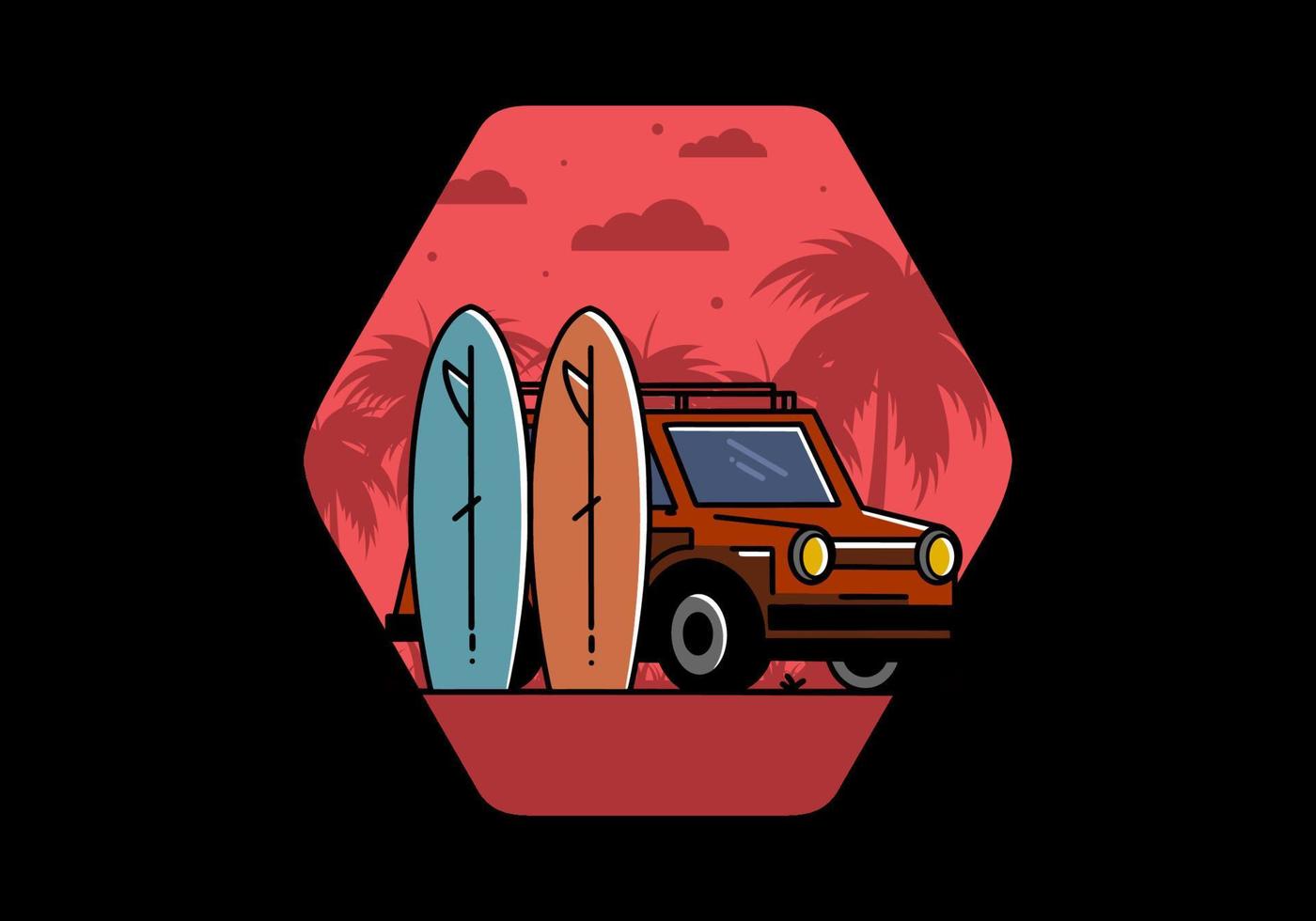 petite voiture et illustration de deux planches de surf vecteur