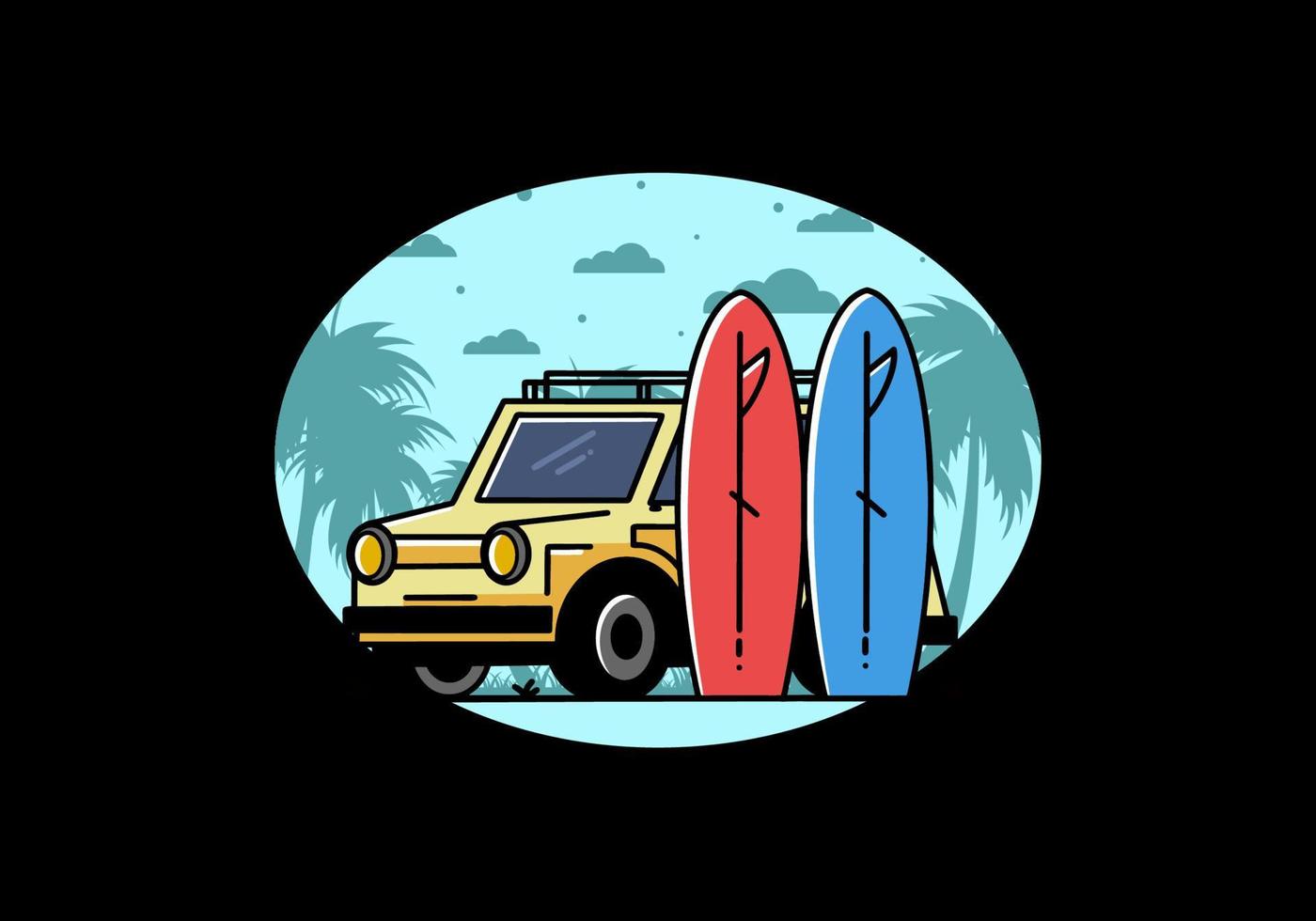 petite voiture et illustration de deux planches de surf vecteur