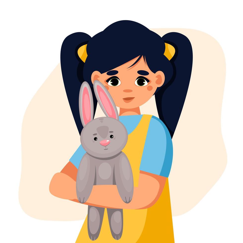 petite fille tenant un lapin jouet dans ses mains. société caritative protégeant, élevant l'organisation d'orphelins d'aide d'assistance. concept de soutien caritatif aux enfants. illustration vectorielle. vecteur