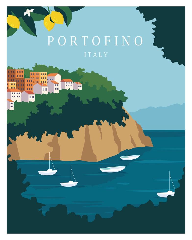 journée d'été ensoleillée à portofino en italie avec vecteur de dessin à la main de citronniers. affiche de voyage.