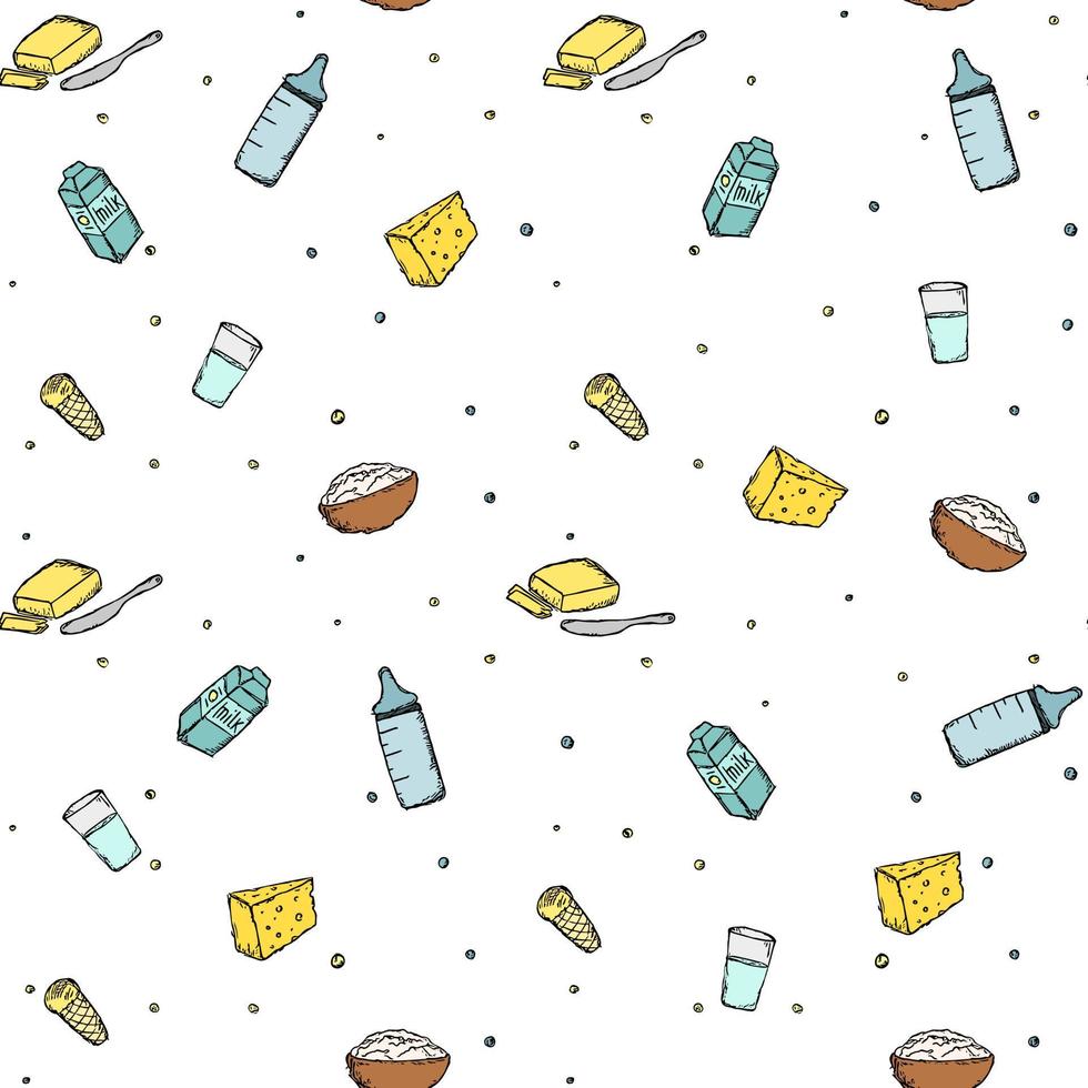 modèle de production de lait sans soudure. illustration vectorielle doodle avec icône de produits laitiers. modèle avec de la nourriture lactée vecteur