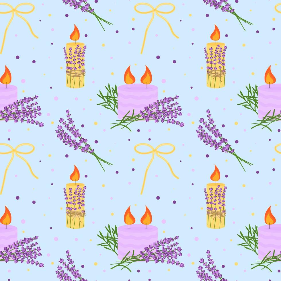 modèle sans couture avec fleurs de lavande, bougies à la lavande. motif floral, illustration vectorielle vecteur