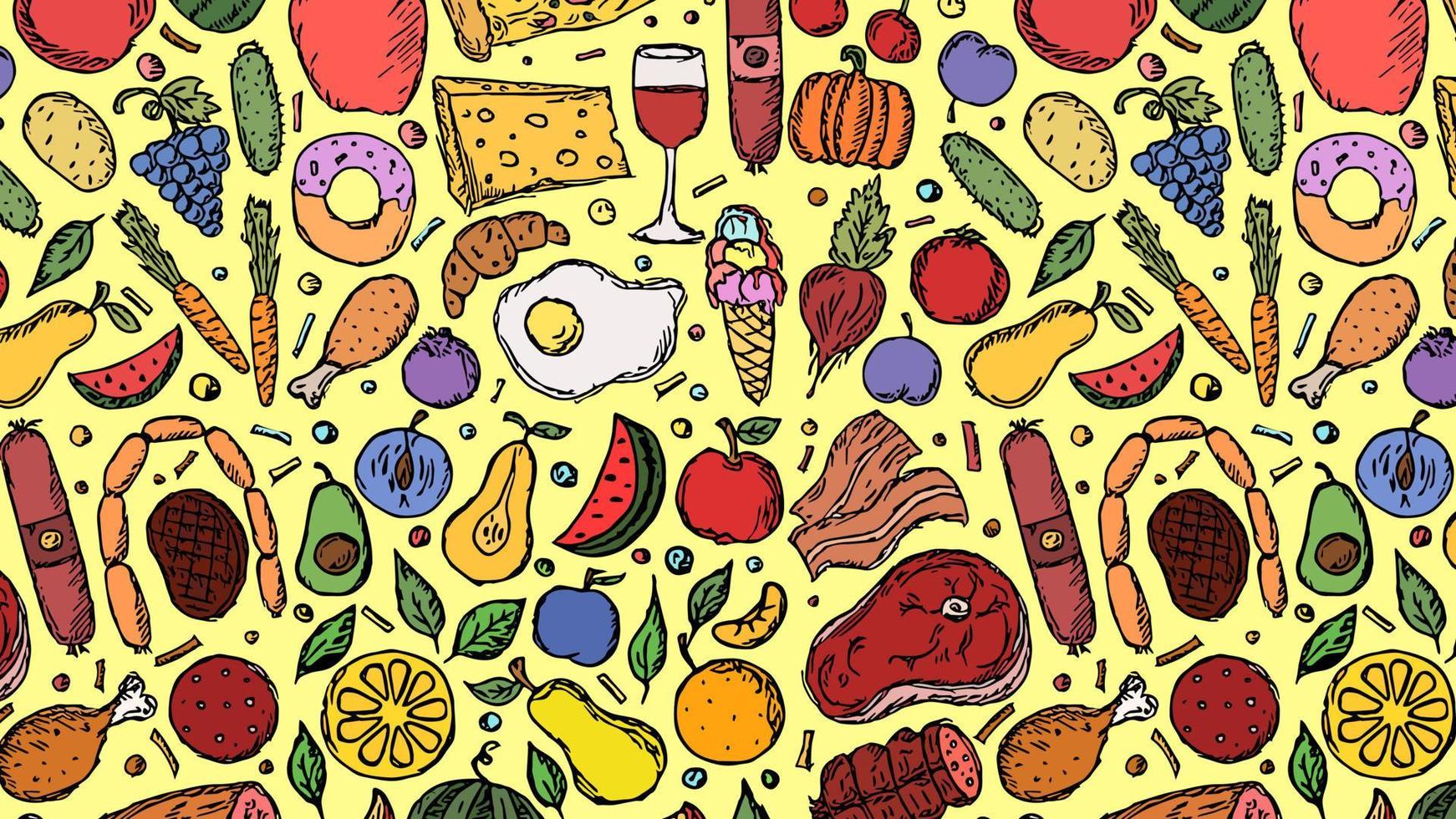 illustration horizontale de fond de nourriture avec des fruits, des légumes et de la viande vecteur