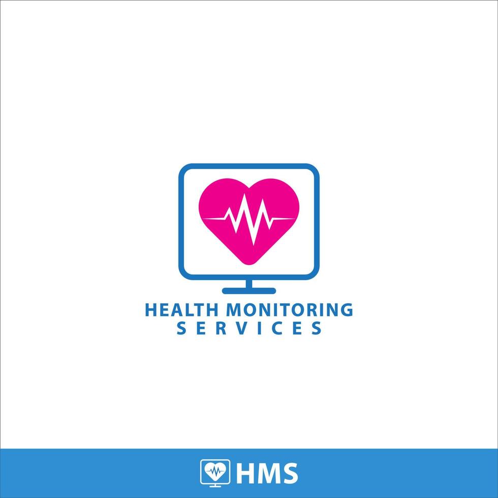 modèle de conception de logo de services de surveillance de la santé. moniteur d'affichage et forme de coeur avec illustration vectorielle d'impulsion. thème de couleur magenta bleu et rose vif. isolé sur fond blanc vecteur